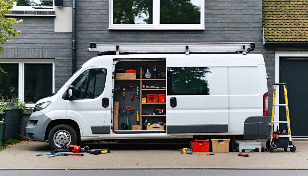 Bedrijfsbus van een Nederlands klussenbedrijf geparkeerd voor een rijtjeshuis met gereedschap gereed