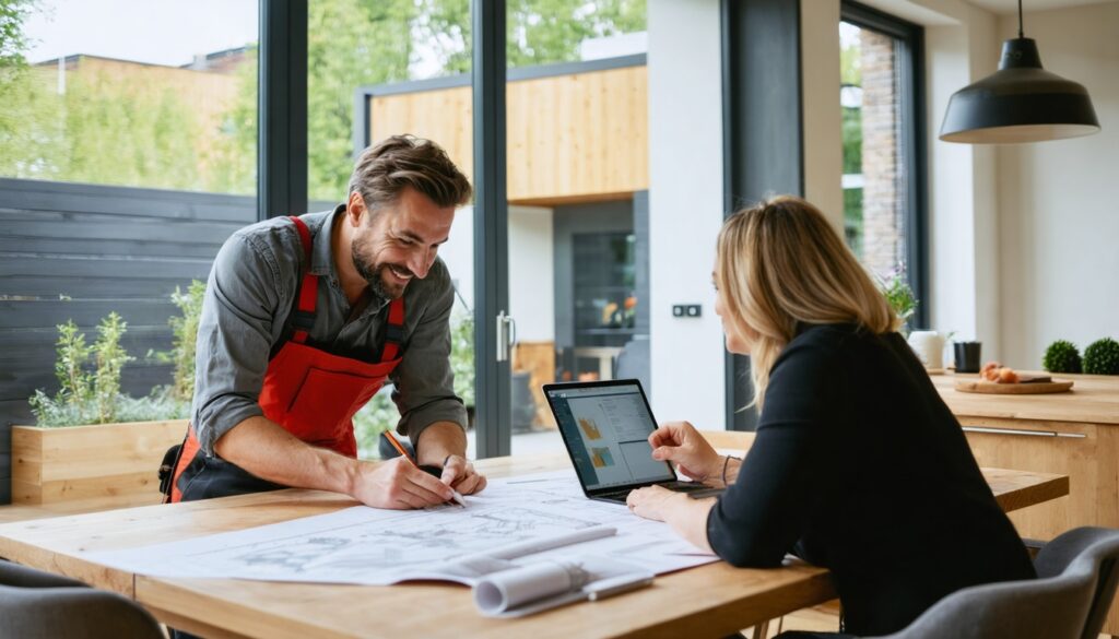 Vakman van een klussenbedrijf bespreekt een renovatieplan met een klant in een Nederlandse woning
