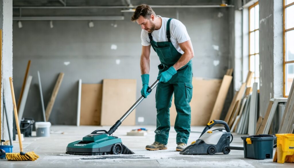 Medewerker van een klussenbedrijf maakt na afronding de werkplek schoon in een gerenoveerde ruimte