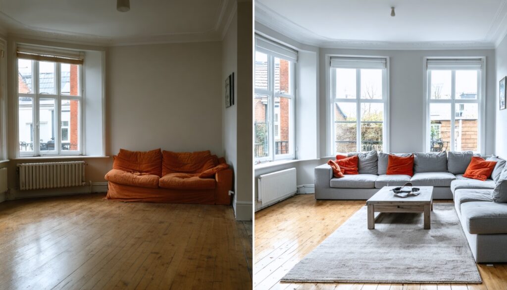 Voor en na aanzicht van een Nederlandse woonkamer die strak en warm is gerenoveerd door een klussenbedrijf