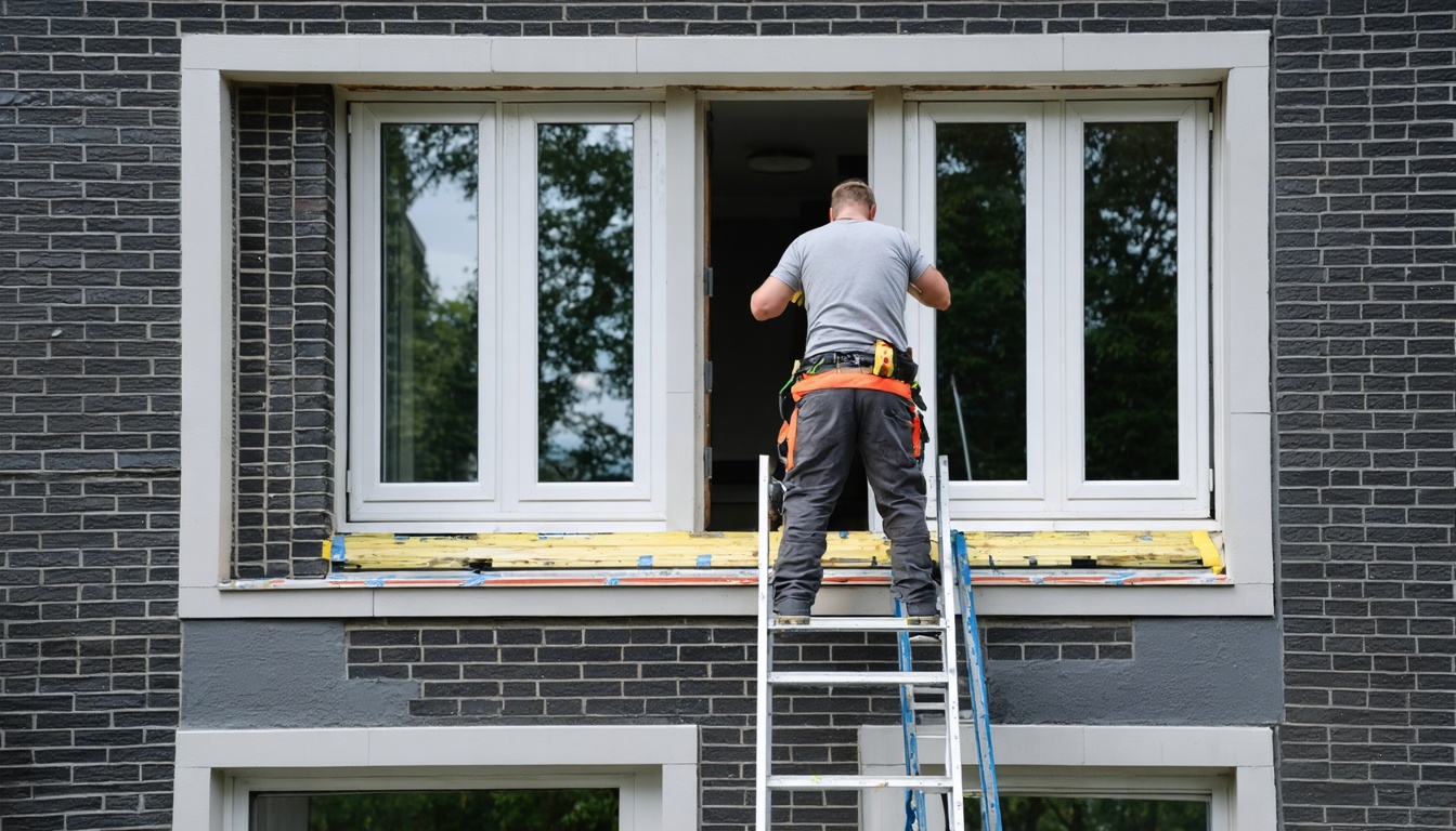 Vakman voert onderhoudswerkzaamheden uit aan kozijnen van een Nederlands huis